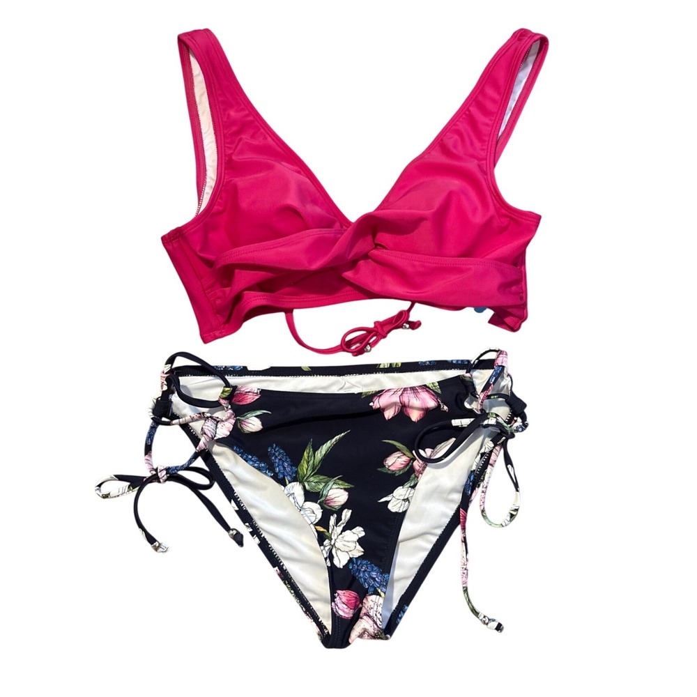 Cupshe Womens Bikini Set Hot Pink Twist Top Floral Side Tie Bottoms Small NEW
